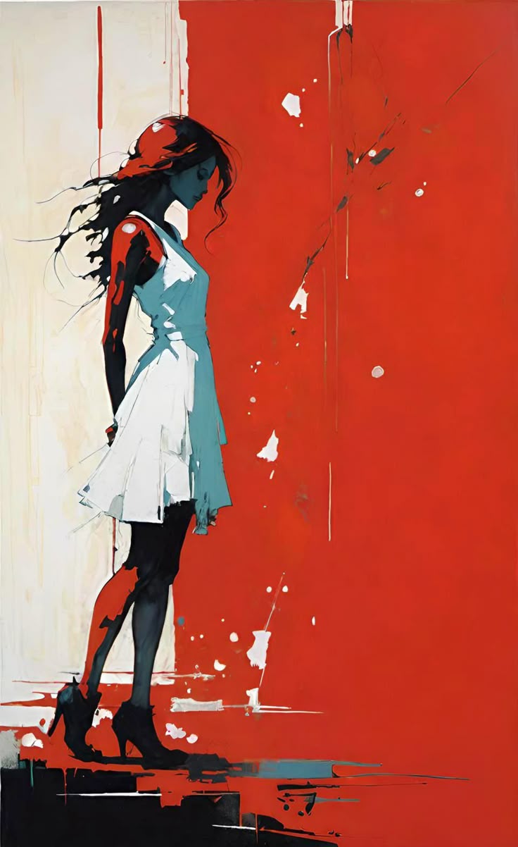 Beautiful Girl Near Red Wall Abstract Painting NFT BUY